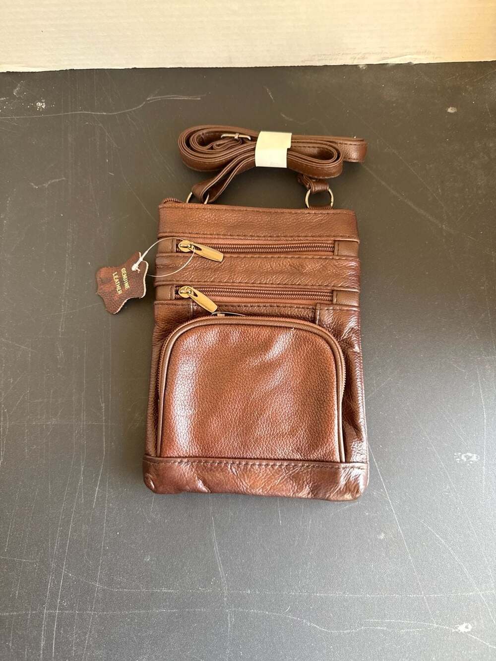 Genuine Leather Multi-Pocket Crossbody Organizer Bag with Card Slots - Brown